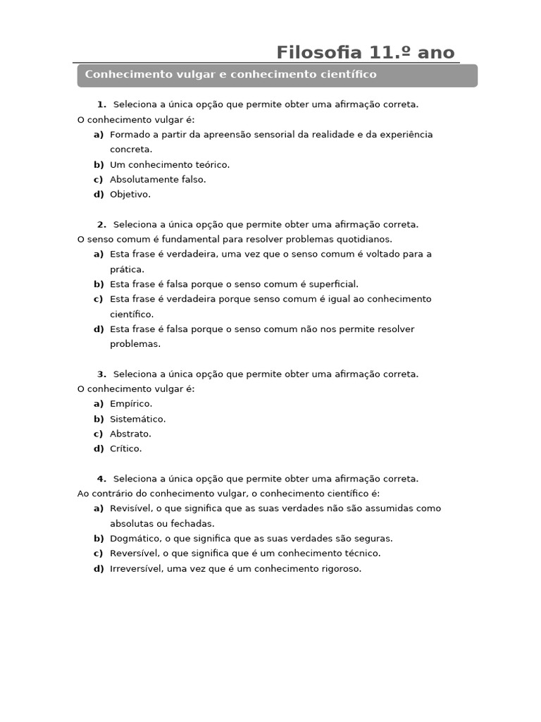 Ficha Sobre Senso Comum e Ciência | PDF | Conhecimento | Science