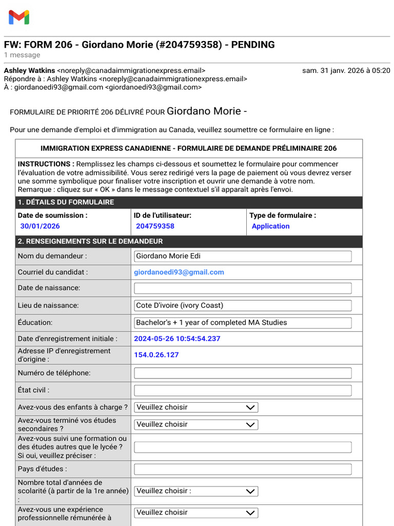 Gmail - FW - Form 206 - Giordano Morie (#204759358) - Pending | PDF