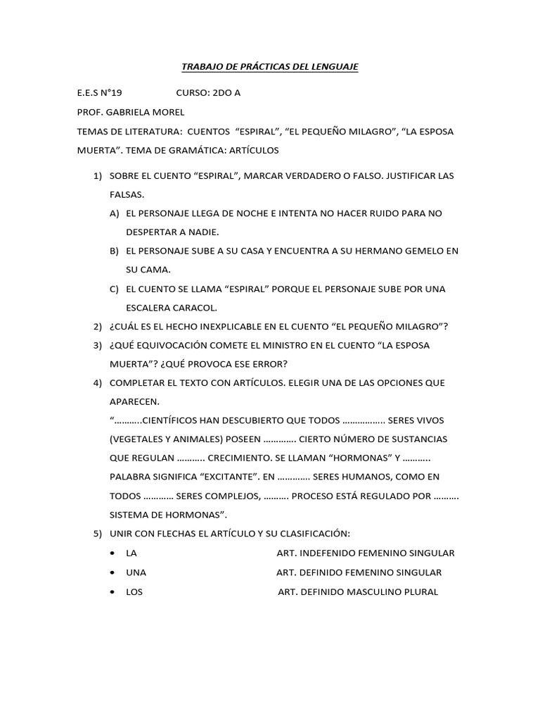 Trabajo de Prácticas Del Lenguaje CUENTOS Y ARTÍCULOS | PDF