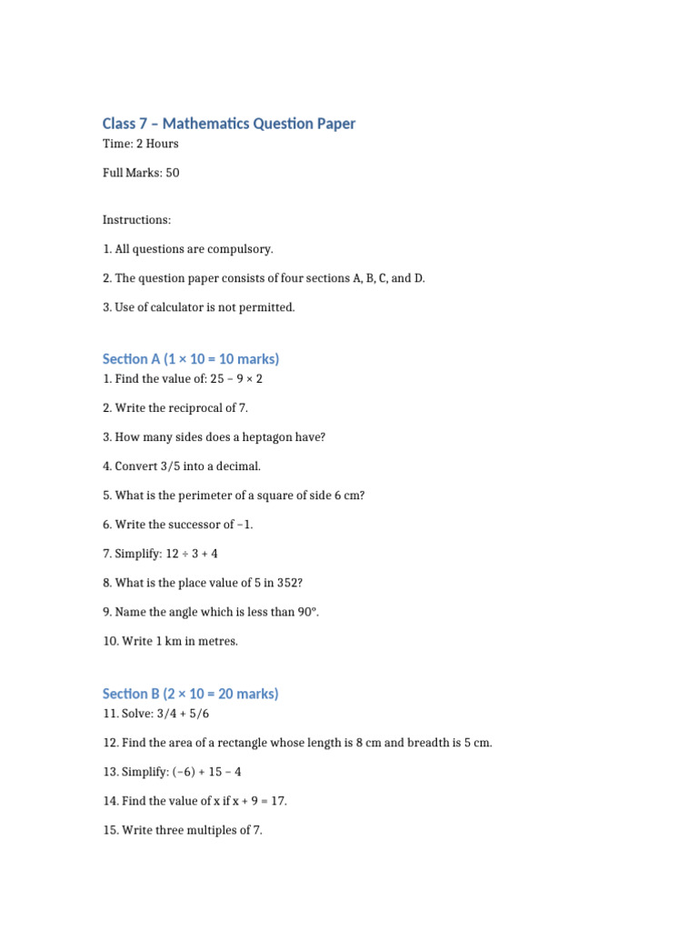 Class 7 Mathematics Question Paper | PDF