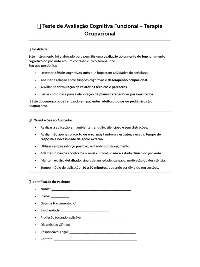 ? Teste de Avaliação Cognitiva Funcional | PDF | Memória | Atenção