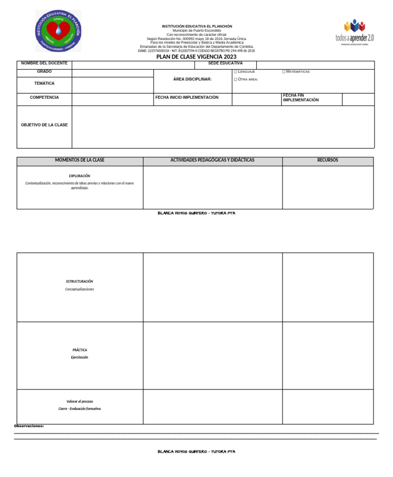 Formato de Plan de Clase 2023 | PDF | Educación primaria | Educación de ...