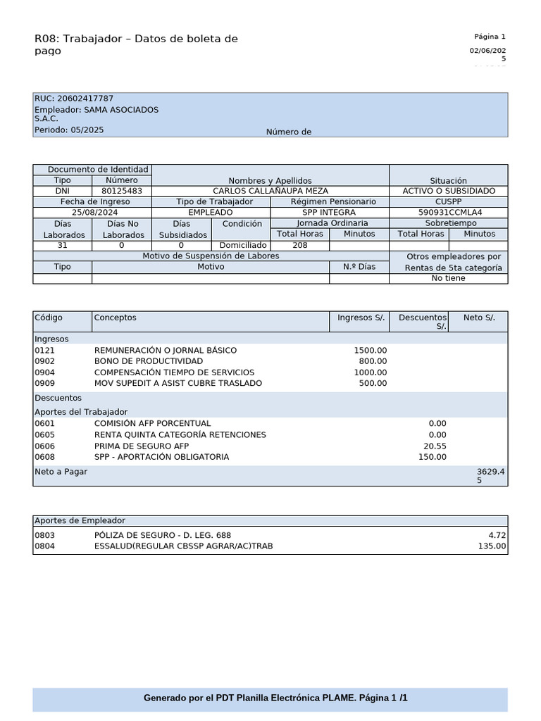 R08: Trabajador - Datos de Boleta de Pago: Generado Por El PDT Planilla ...