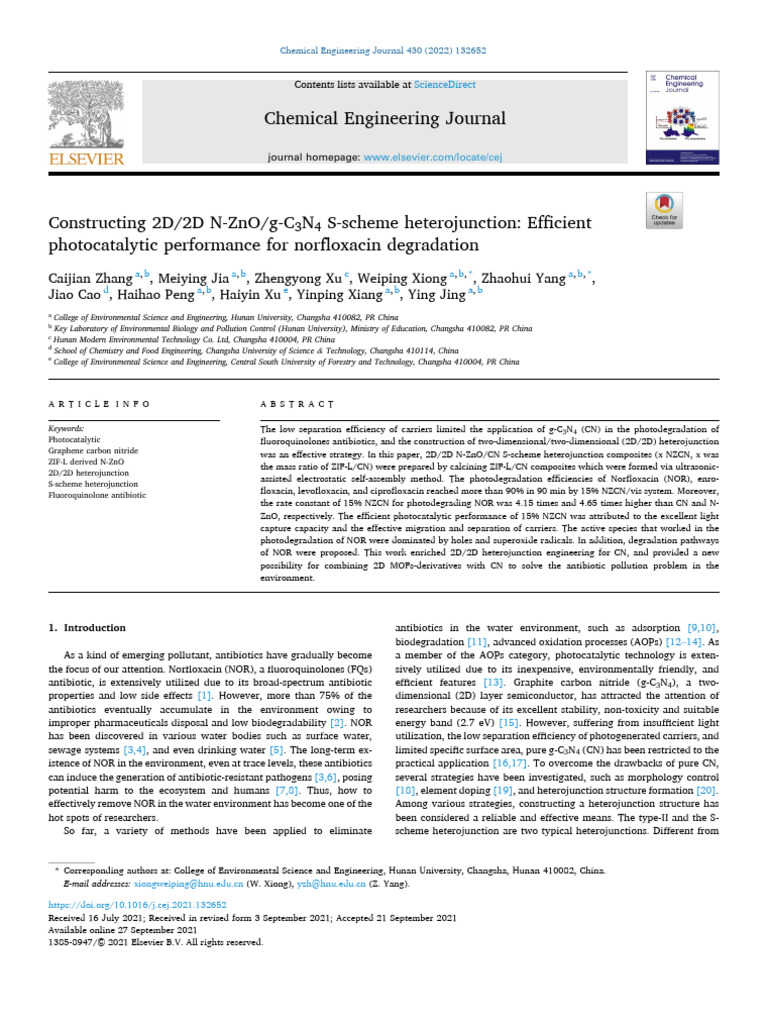 Constructing 2D 2D N ZnO G C3N4 S Scheme Heterojunction 2022 Chemical ...