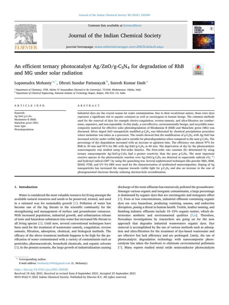 An Efficient Ternary Photocatalyst Ag ZnO G C3N4 Fo 2021 Journal of The ...