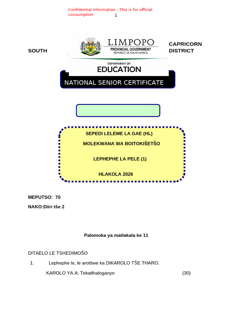 Pre Test Grade 10 Sepedi p1 | PDF