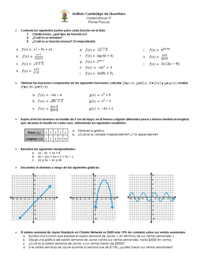 Ejercicios de Repaso - Primer Parcial - MatemÃ¡ticas IV | PDF | Función ...