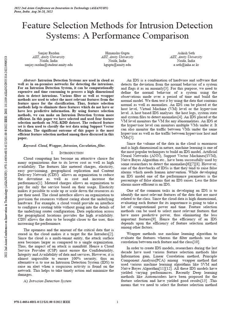 Feature Selection Methods For Intrusion Detection Systems A Performance ...