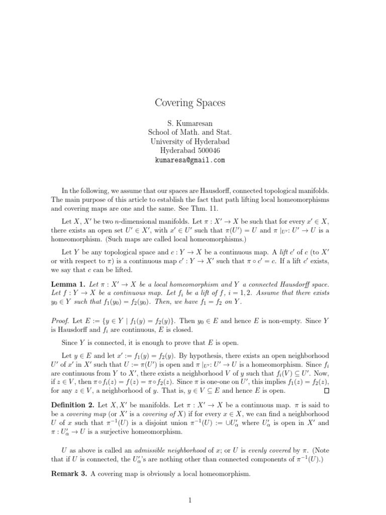 Covering Spaces | PDF | Continuous Function | Manifold