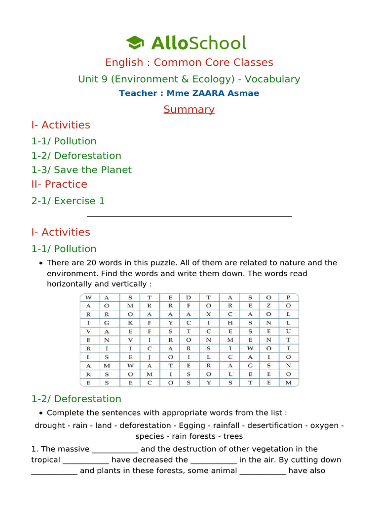 Unit 9 Environment Ecology Vocabulary 4 | PDF | Rainforest | Trees