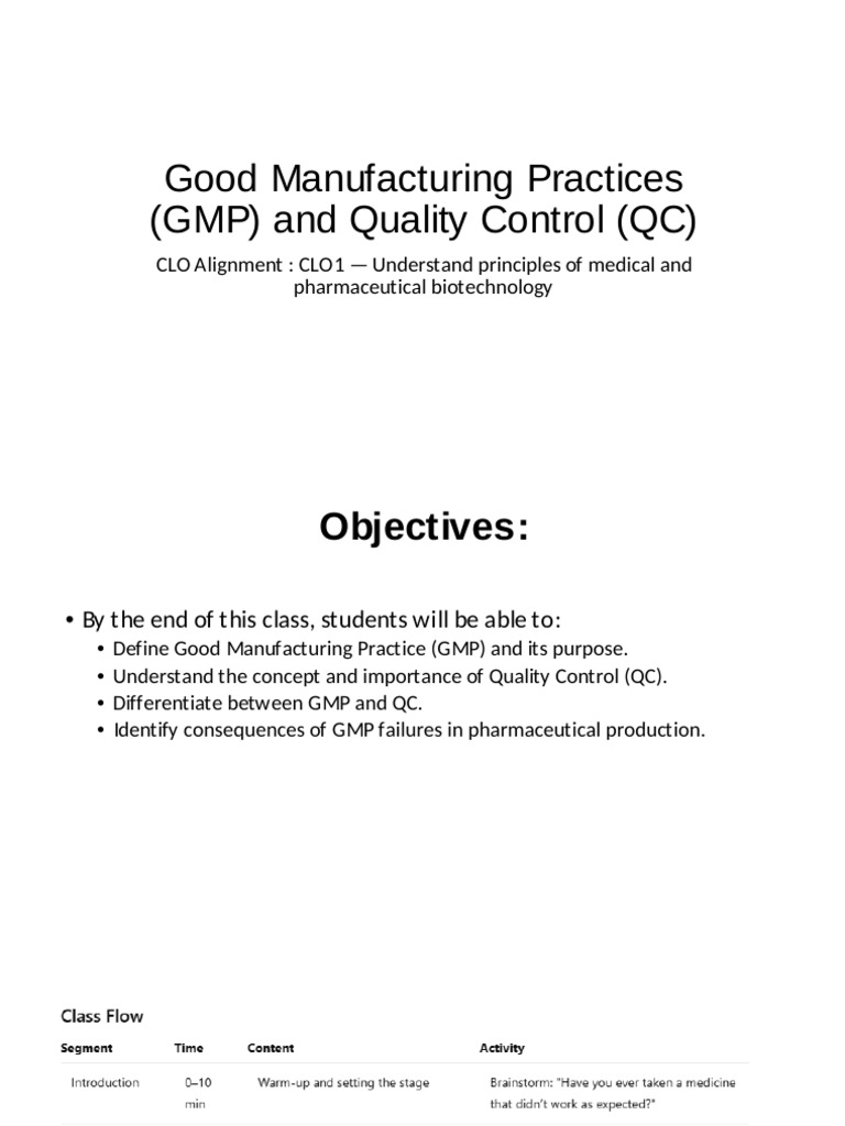 Good Manufacturing Practices (GMP) and Quality Control (QC) | PDF ...