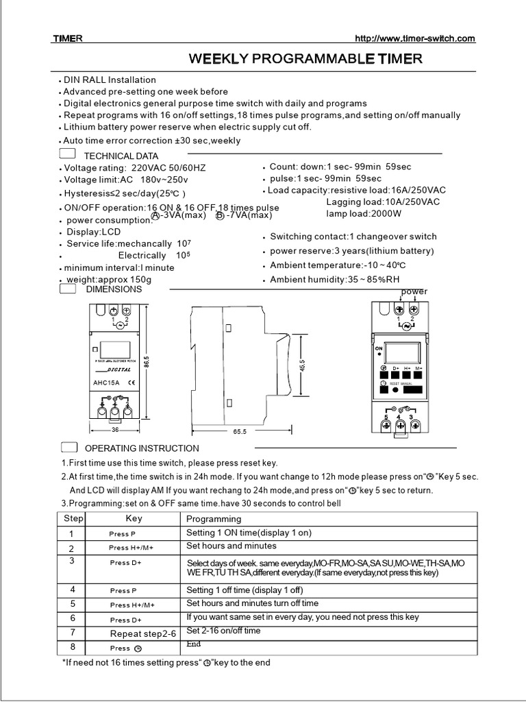 AHC15A LCD Weekly Programmable Timer Switch | PDF
