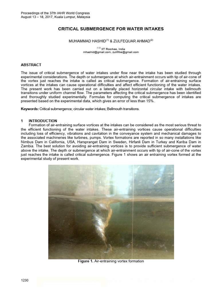 Critical Submergence For Water Intakes | PDF | Vortices | Spillway