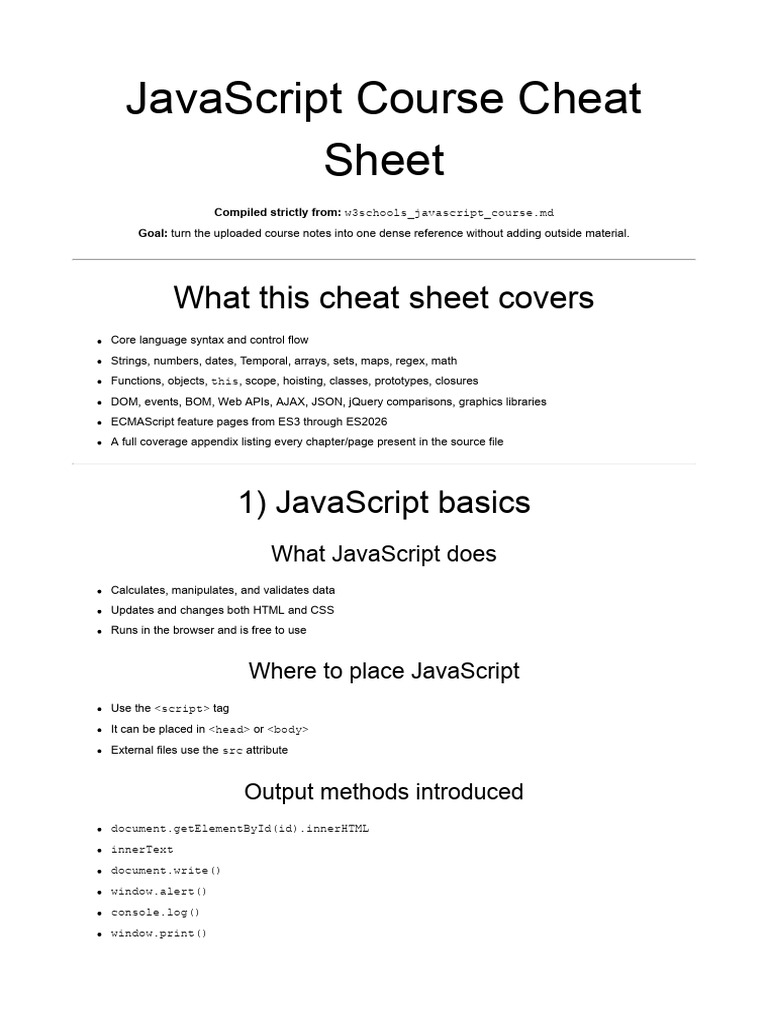 Javascript Course Cheat Sheet | PDF | Java Script | J Query