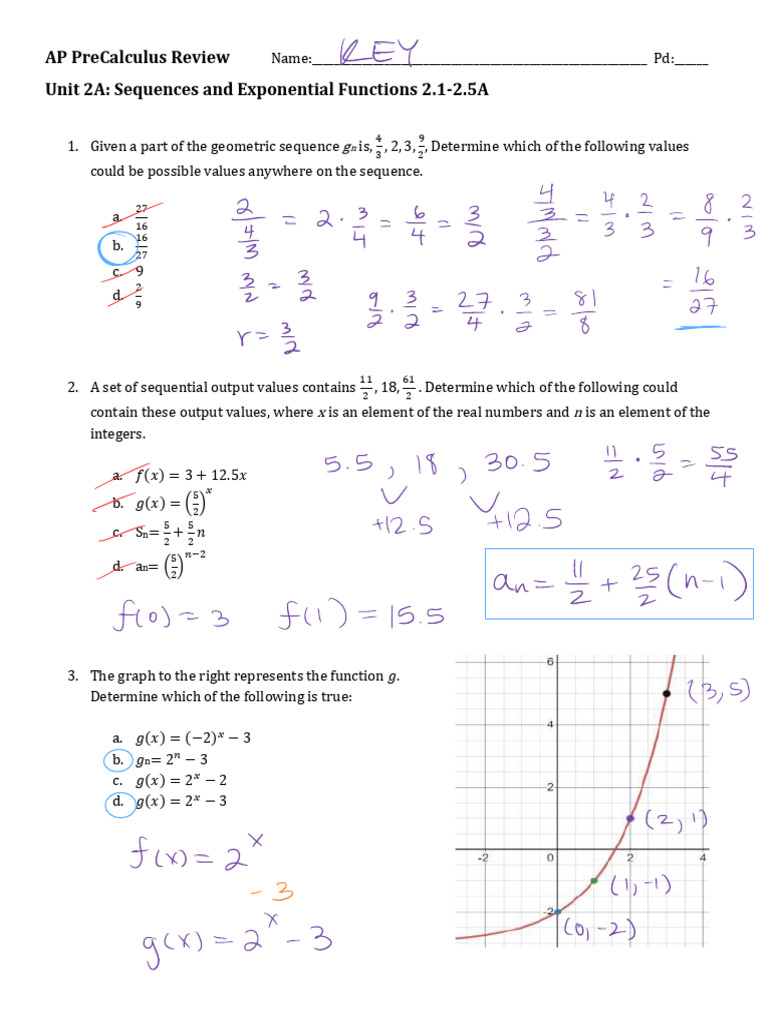 Unit 2A Review Sequences & Exponential Functions KEY AP PRECALCULUS ...