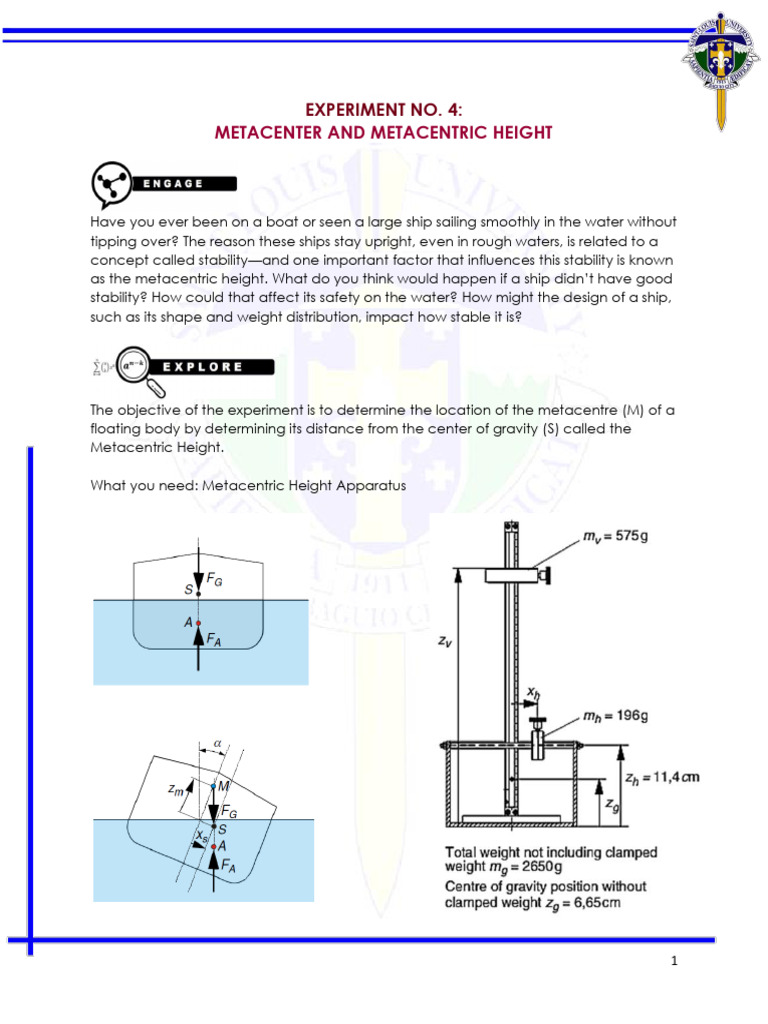 Expt 4 - Metacenter and Metacentric Height | PDF