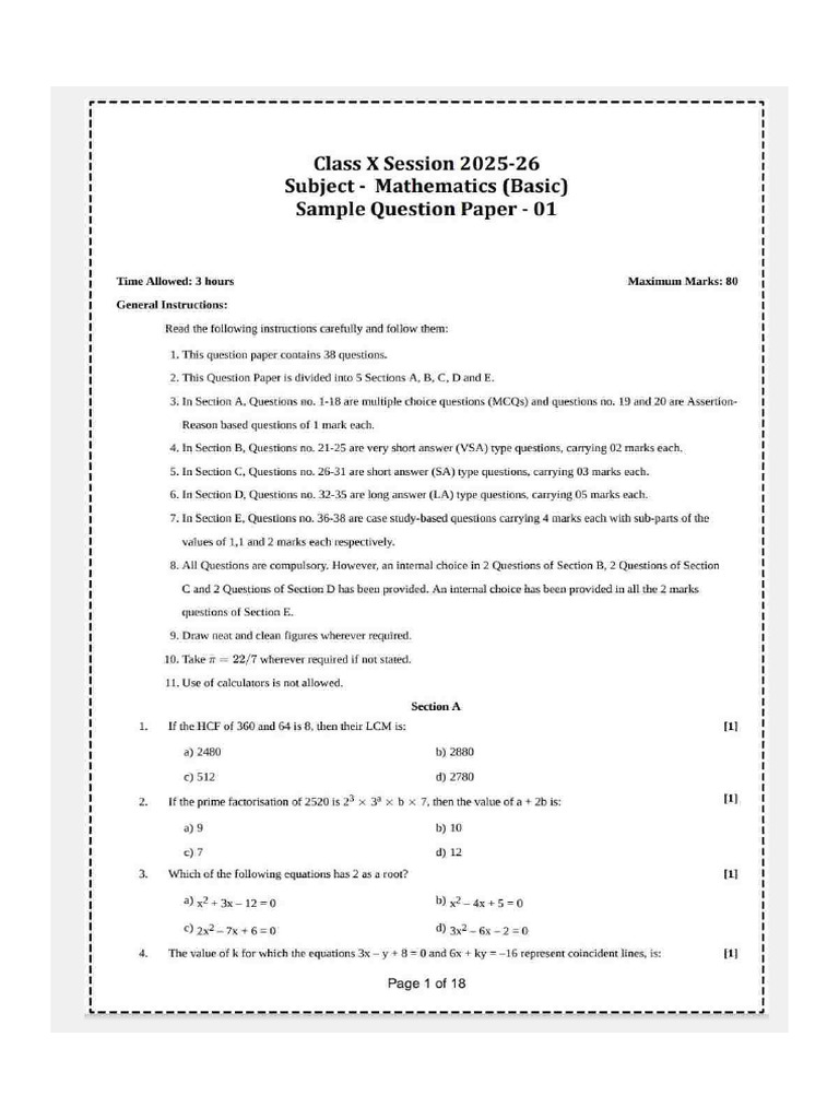 Maths Sample Paper - 1 | PDF