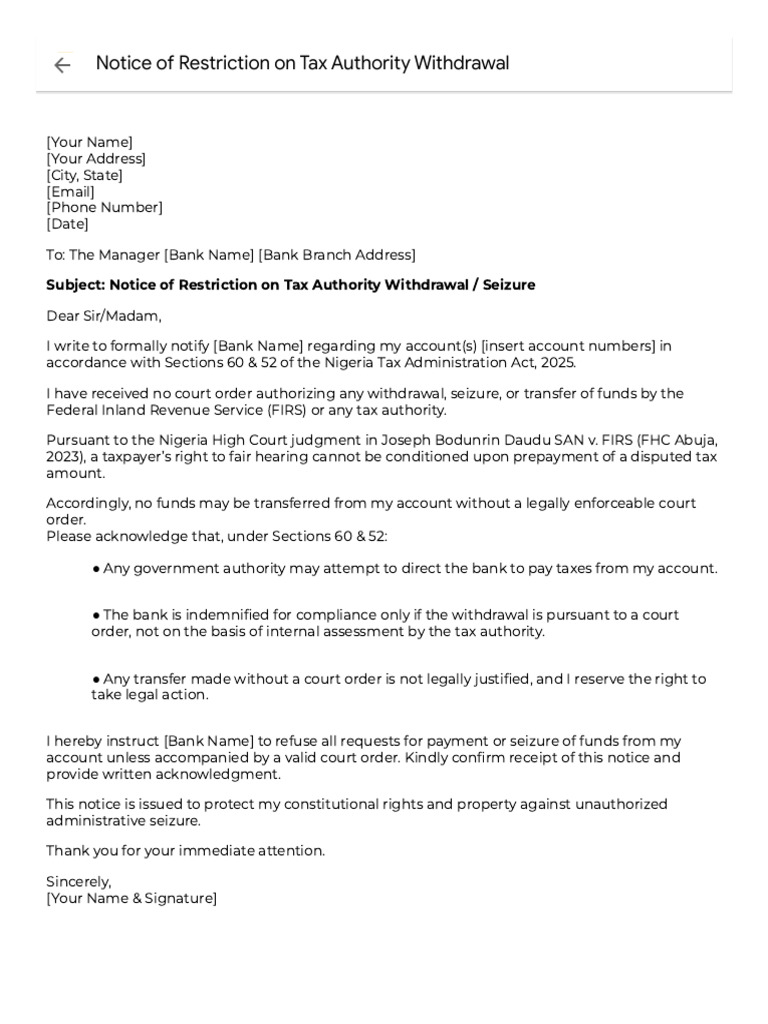 Notice of Restriction On Tax Authority Withdrawal | PDF