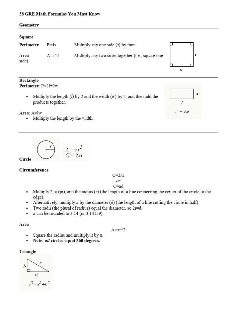 38 GRE Math Formulas You Must Know | PDF | Area | Percentage