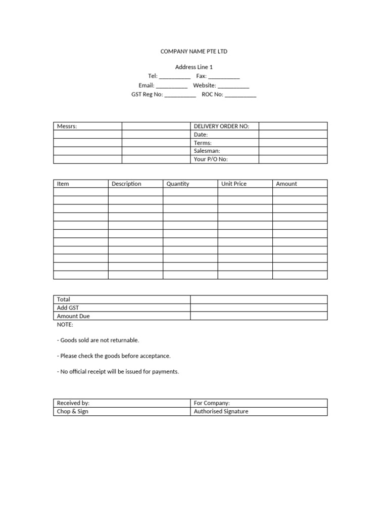 Empty Delivery Order Template | PDF