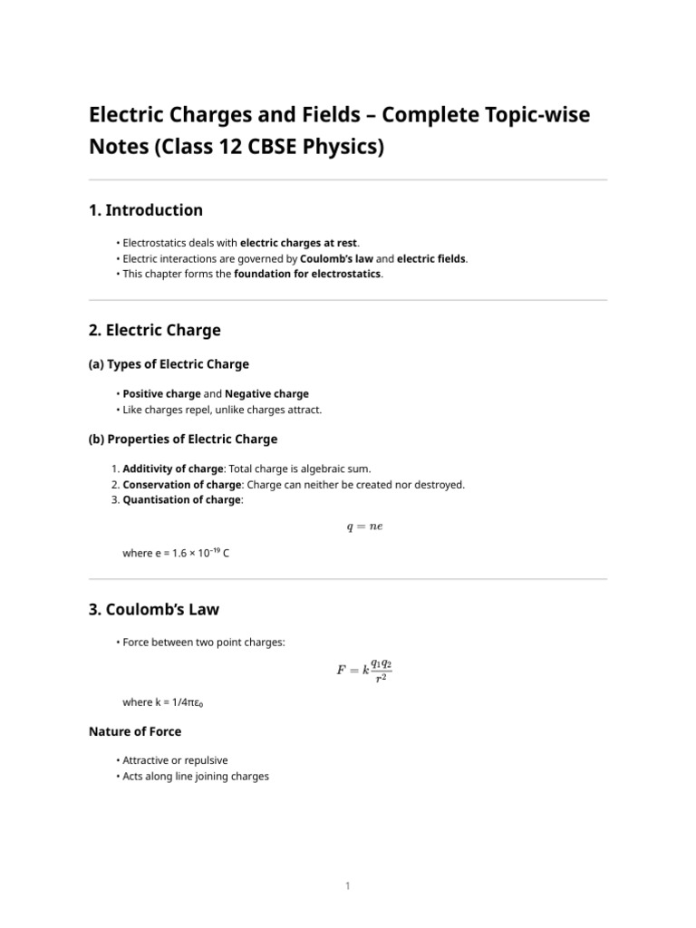 Class 12 Physics - Electric Charges and Fields (Complete Notes) | PDF ...
