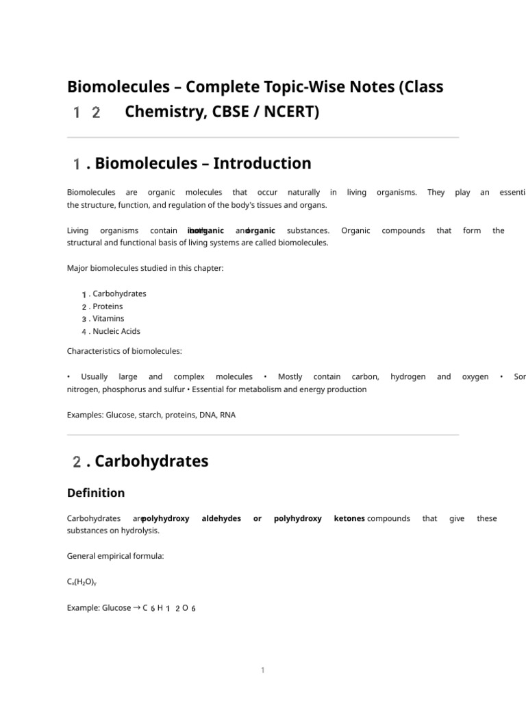 Biomolecules - Class 12 Chemistry (Complete Cbse Notes) | PDF | Glucose ...
