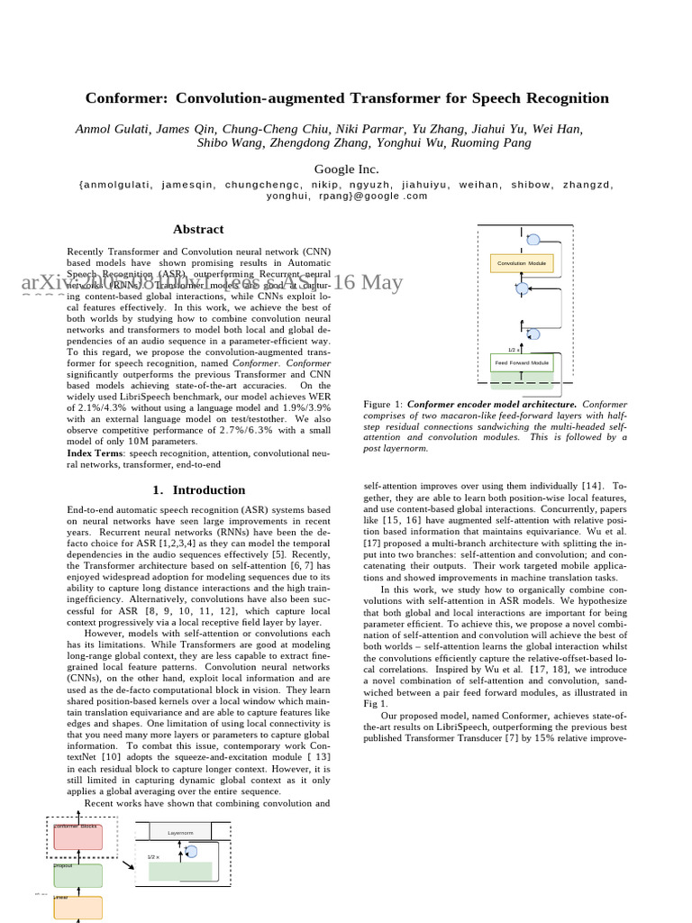 Convolution-Augmented Transformer For Speech Recognition | PDF | Speech ...