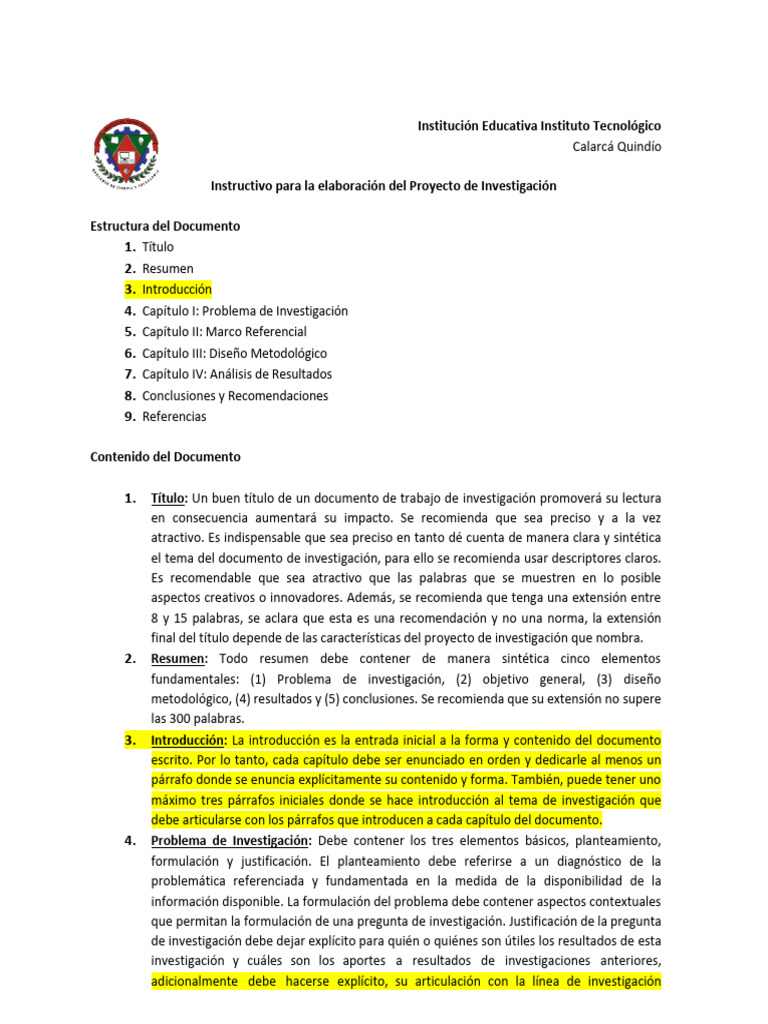 Instructivo para La Elaboración Del Proyecto de Investigación | PDF ...