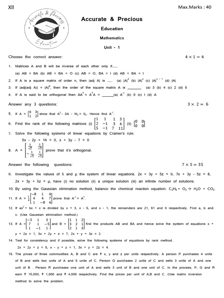 12th Maths Unit - 1 | PDF | Matrix (Mathematics) | System Of Linear ...