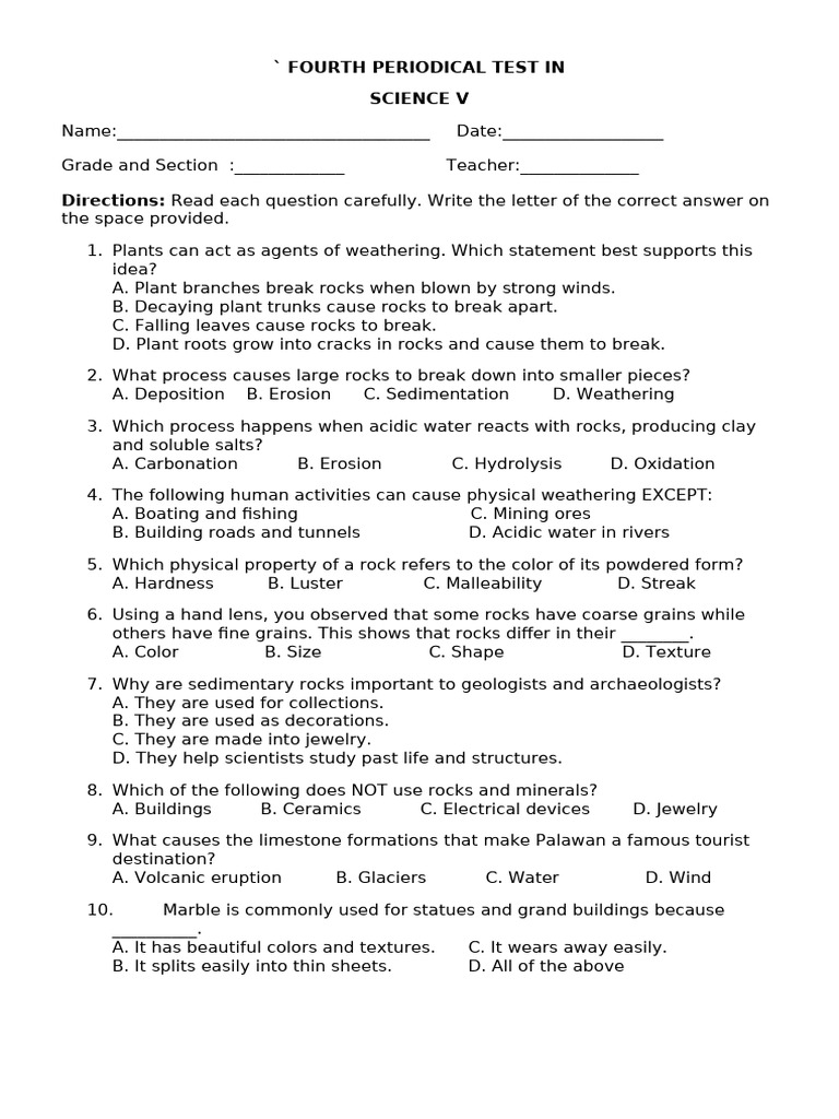 Grade 5 Fourth Quarter Periodical Test in Science | PDF | Moon | Erosion