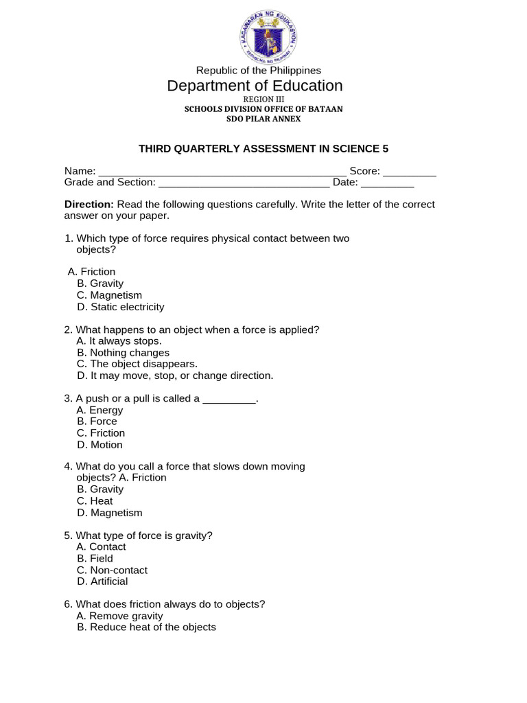 Q3 Science5 Assessment Tool | PDF | Friction | Force