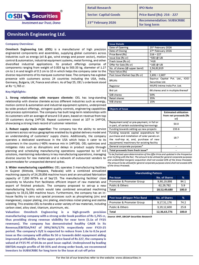 Omnitech Engineering LTD - IPO Note | PDF | Corporations | Investing