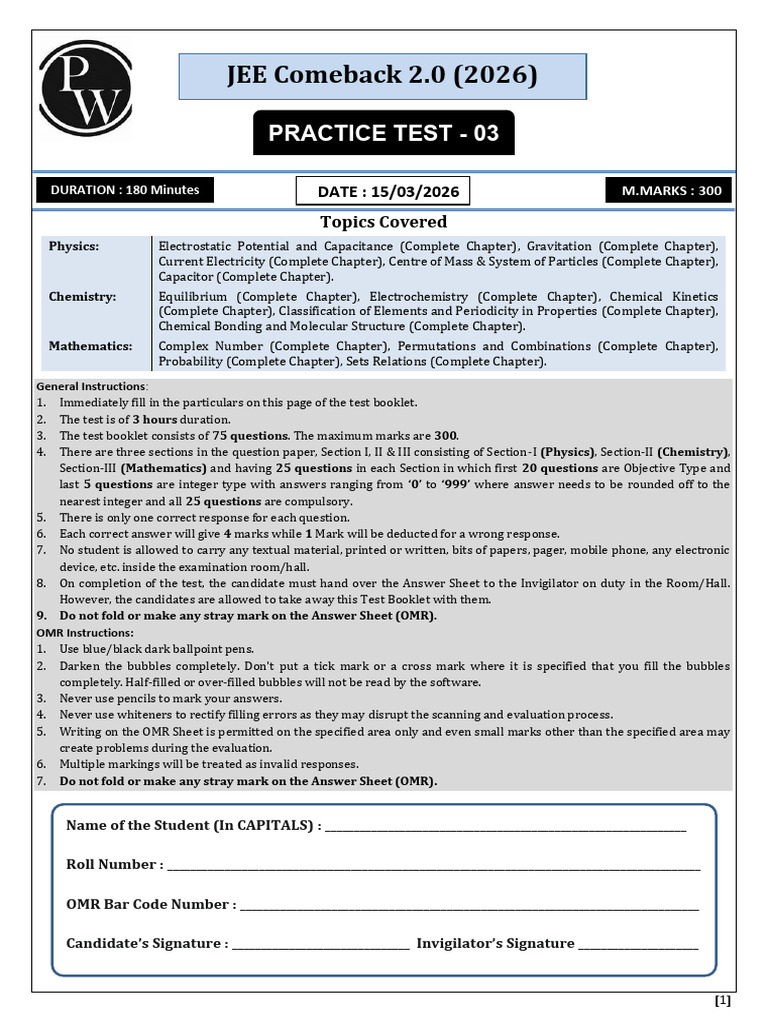 Practice Test 03 Test Paper | PDF | Capacitor | Covalent Bond