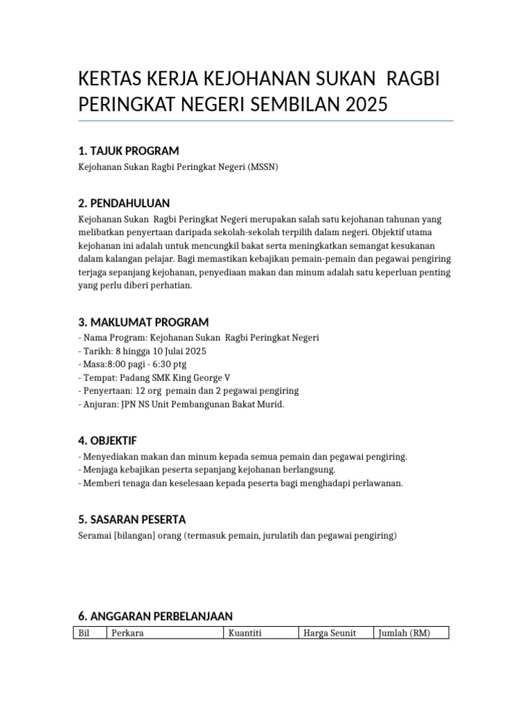 Kertas Kerja Makan Perlawanan Ragbi | PDF
