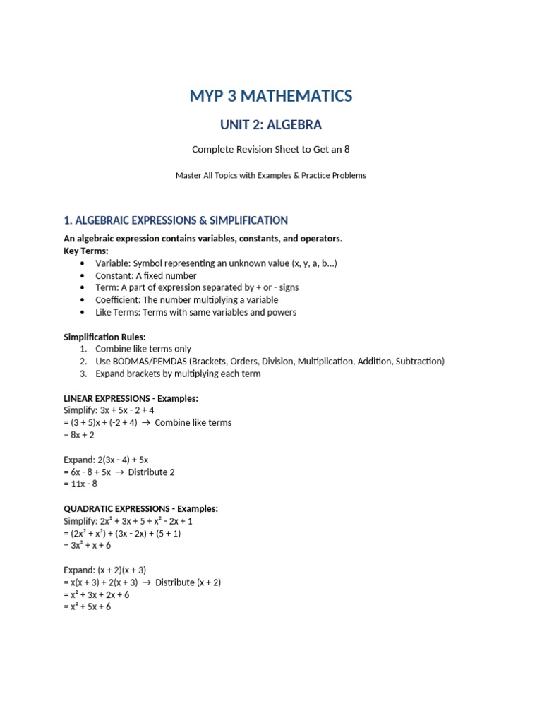 MYP3 Unit2 Algebra Revision Sheet | PDF | Cartesian Coordinate System ...