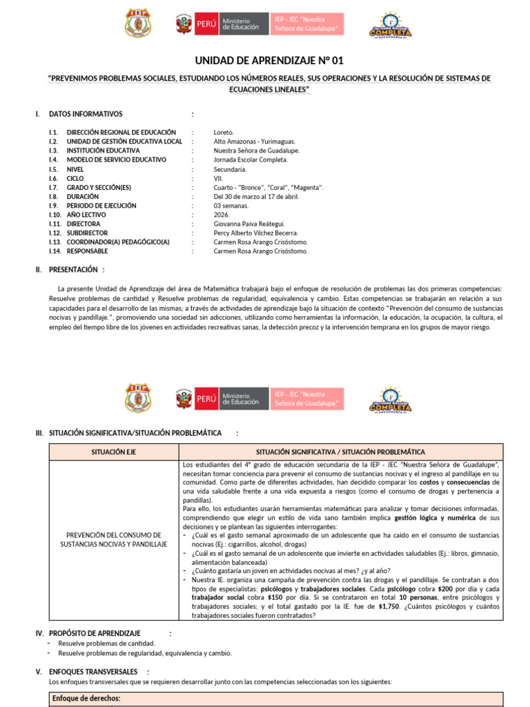 Unidad de Aprendizaje #01 - Matemática - NSG - 2026 | PDF | Ecuaciones ...