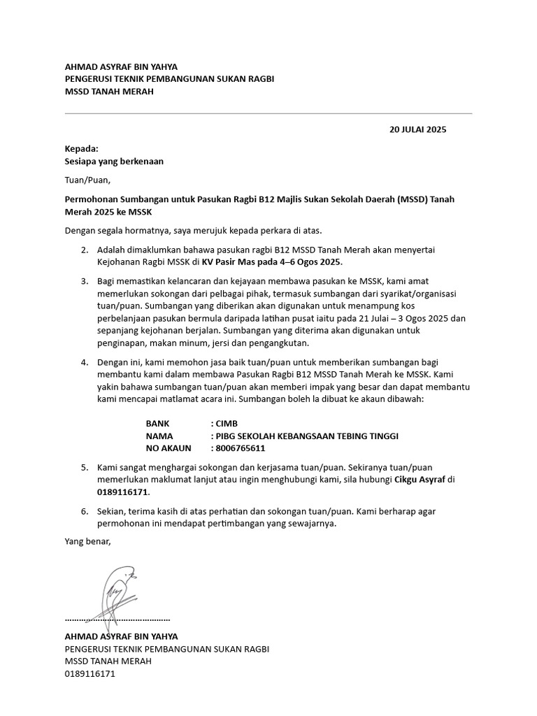 Surat Permohonan Sumbangan Untuk Pasukan Ragbi b12 MSSD Tanah Merah | PDF