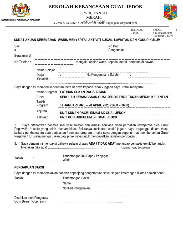 Surat Kebenaran Latihan Ragbi Rimau 2026 SKGJ | PDF