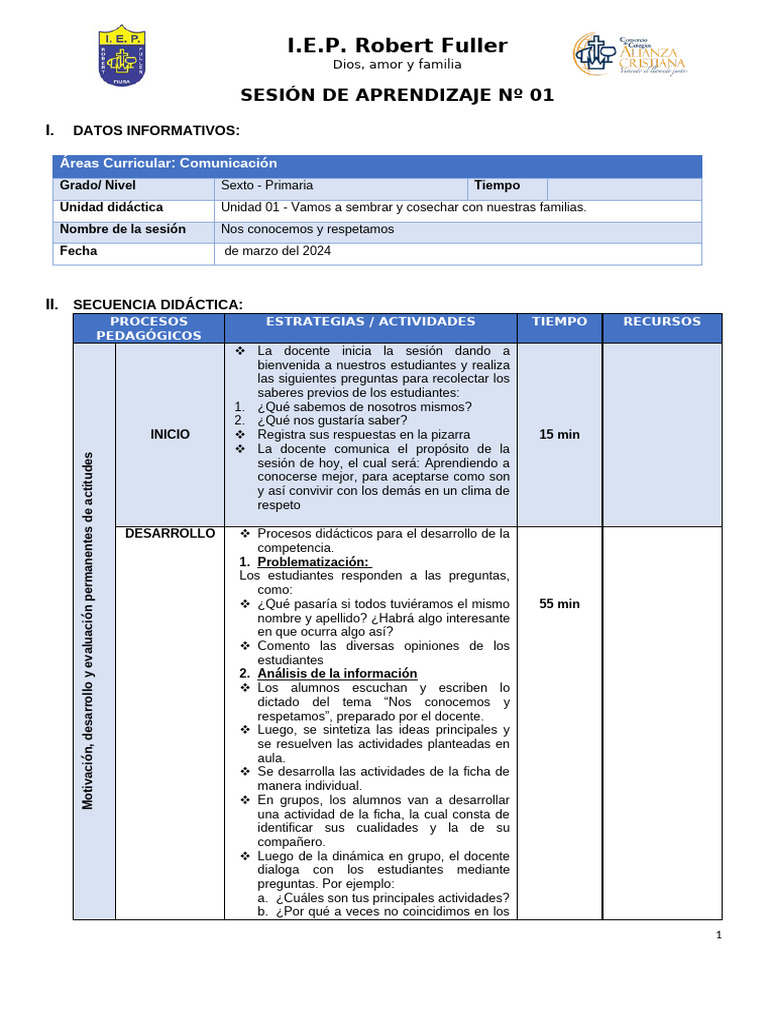 Formato Sesion de Aprendizaje 6to de Primaria 2024 | PDF | Maestros ...