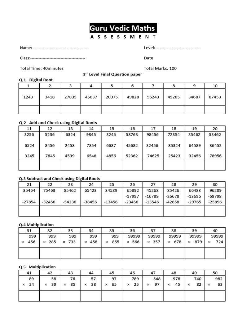 Vedic Math 3rd Level Question Paper | PDF | Elementary Mathematics ...