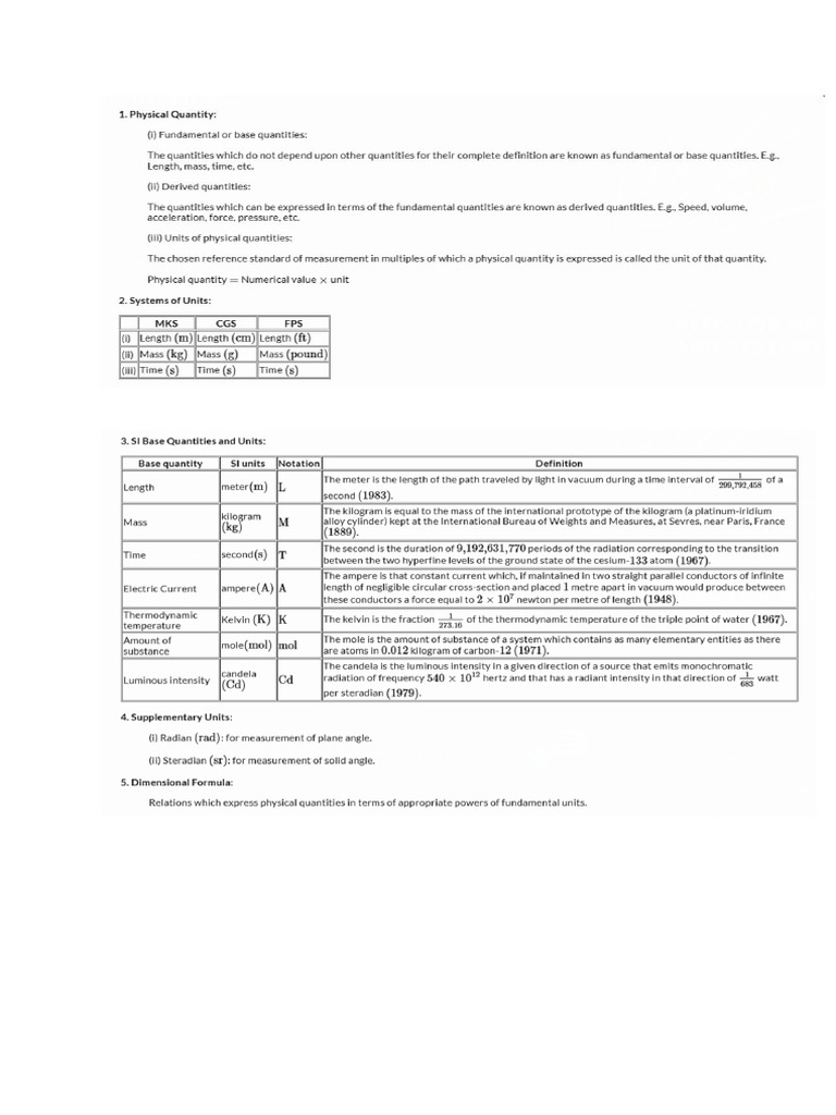 Units and Dimensions Notes | PDF