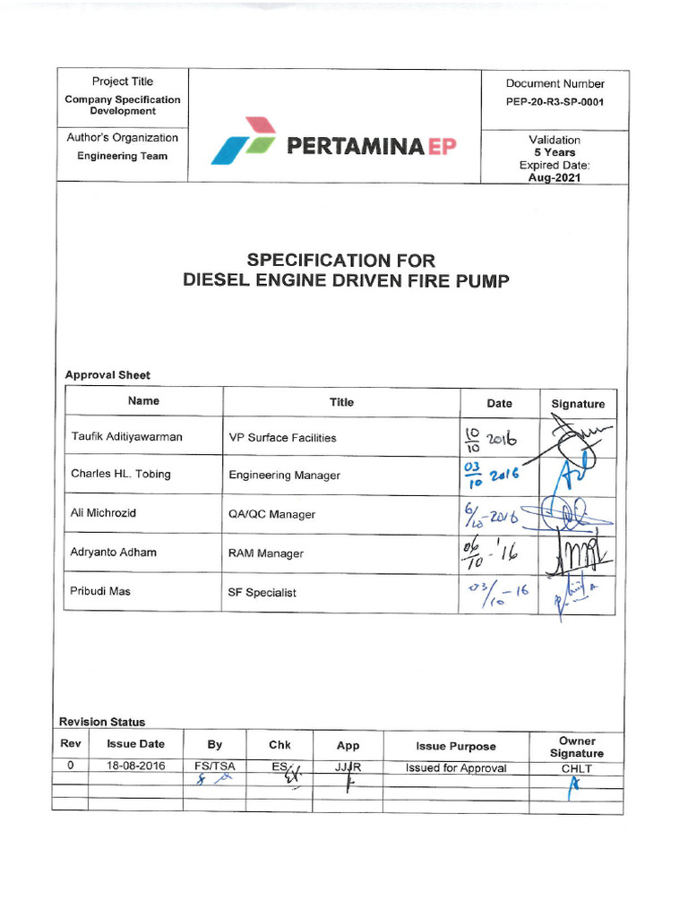 Pep-20-r3-Sp-0001 Specification For Diesel Engine Driven Fire Pump ...