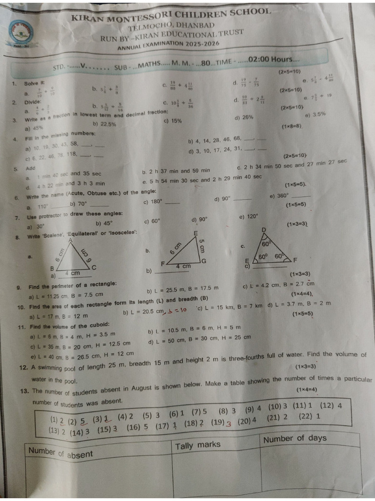 Class 5 Math Annual Examination Question Paper | PDF