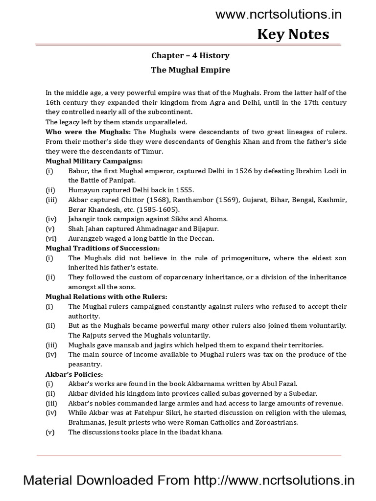 07 Social Science Histroy Key Notes Ch04 The Mughal Empire | PDF ...