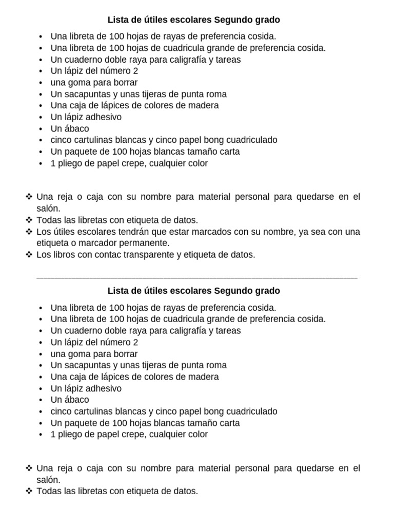 Lista de Útiles Escolares Segundo Grado 2025 | PDF | Lápiz | Cuaderno