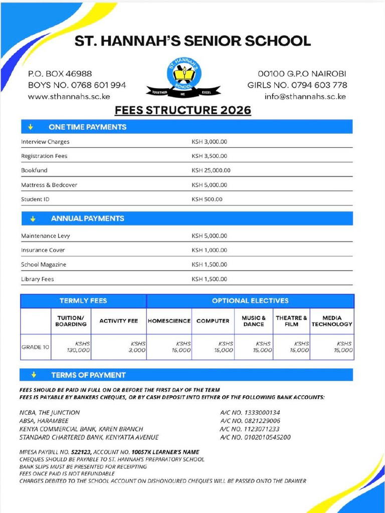 St. Hannah's Grade 10 Fees Structure 2026 | PDF