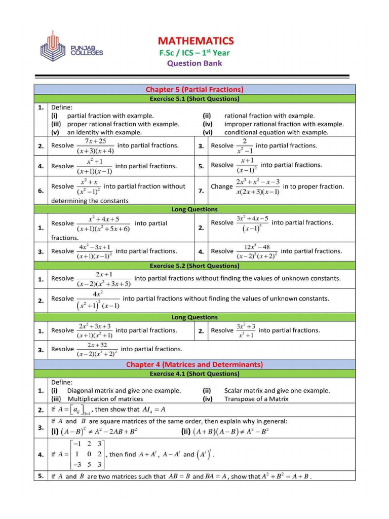 Mathematics 1st Year Chapter Wise Important Questions | PDF