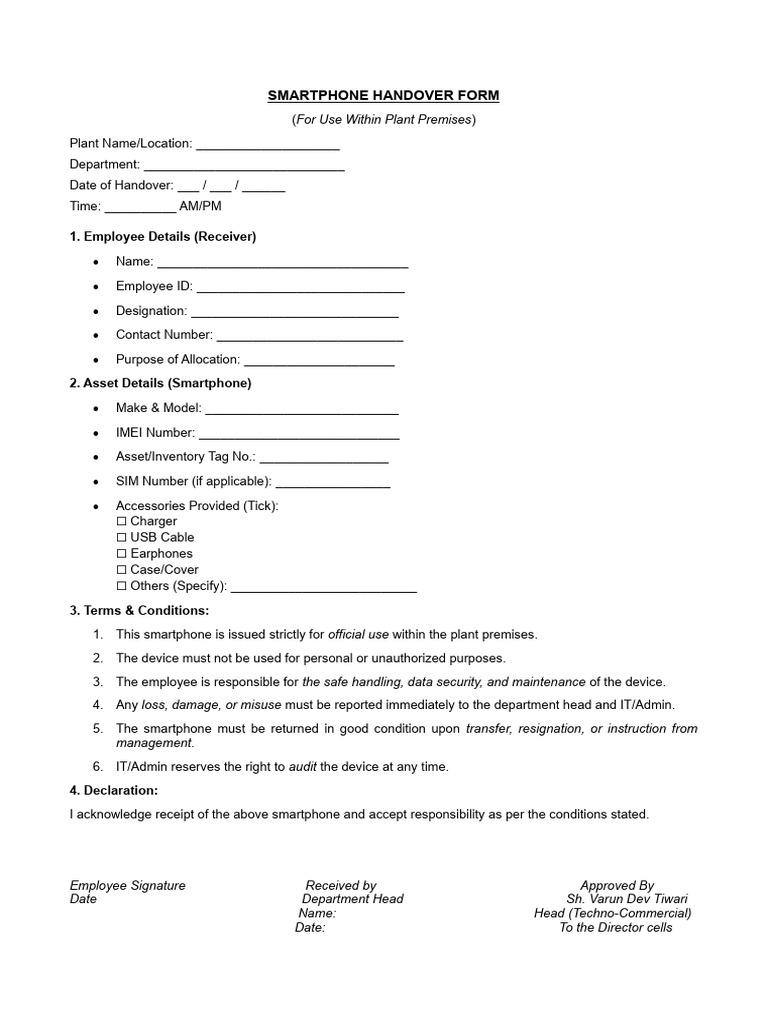 Smartphone Handover Form 250729 121417 | PDF
