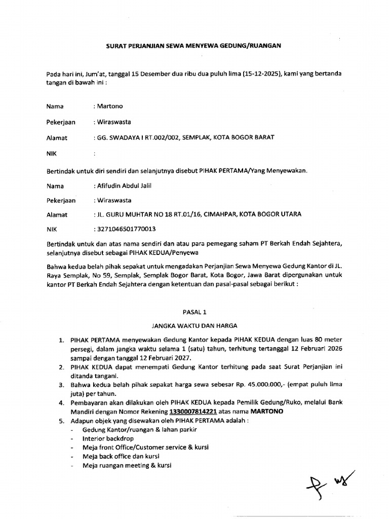 Surat Perjanjian Sewa Menyewa Gedung | PDF