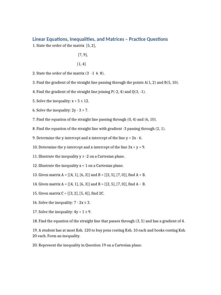 Linear Equations Matrices Practice Questions | PDF